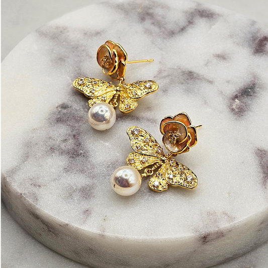 Aro Baño de Oro Cristal Austriaco Mariposa Perla