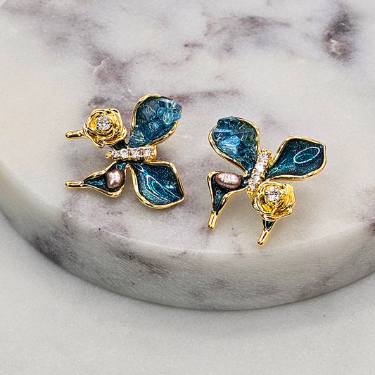 Aro Baño de Oro Mariposa Nacar Flor Azul