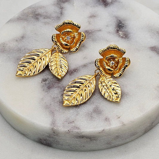 Aro Baño de Oro Rosa Hojas Colgantes