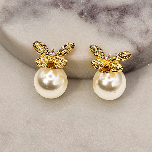 Aro Baño de Oro Cristal Austriaco Mariposa Perla Grande