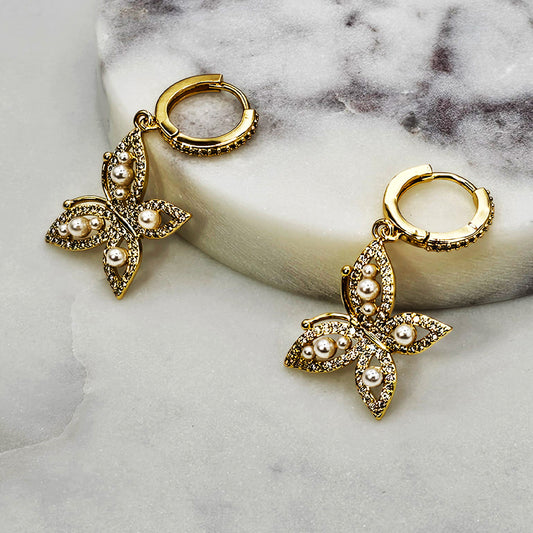 Aro Baño de Oro Cristal Austriaco Mariposa Perlas