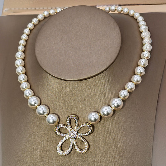 Collar Baño de Oro Cristal Austriaco Perlas Flor
