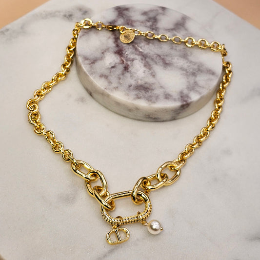 Collar Baño de Oro Cristal Austriaco Cadena Gruesa Perla