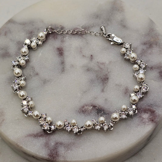 Pulsera Baño de Plata Rodinada Perlas Cristales