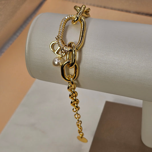 Pulsera Baño de Oro Cristal Austriaco Cadena Gruesa Perla