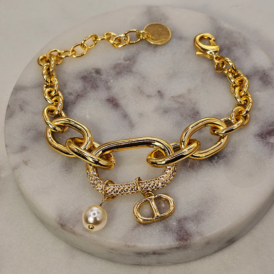 Pulsera Baño de Oro Cristal Austriaco Cadena Gruesa Perla
