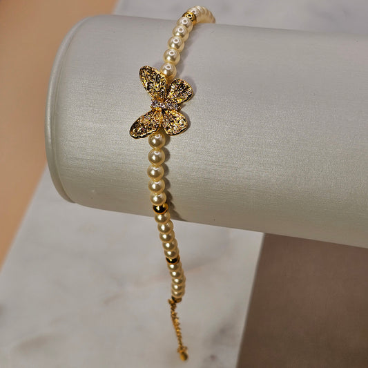 Pulsera Baño de Oro Perlas Mariposa
