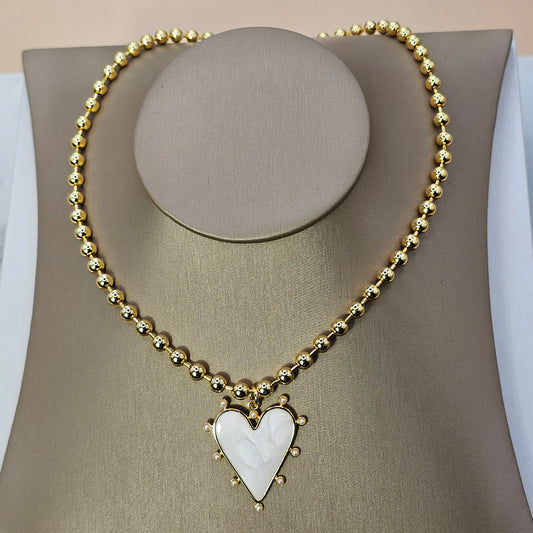 Collar Baño de Oro Cuentas Colgante Corazon Nacar