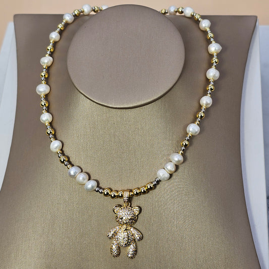 Collar Baño de Oro Perlas Colgante Osito Cristales