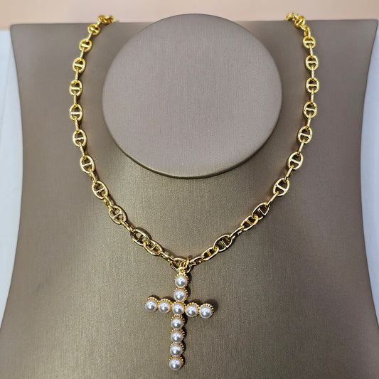 Collar Baño de Oro Cruz Perlas