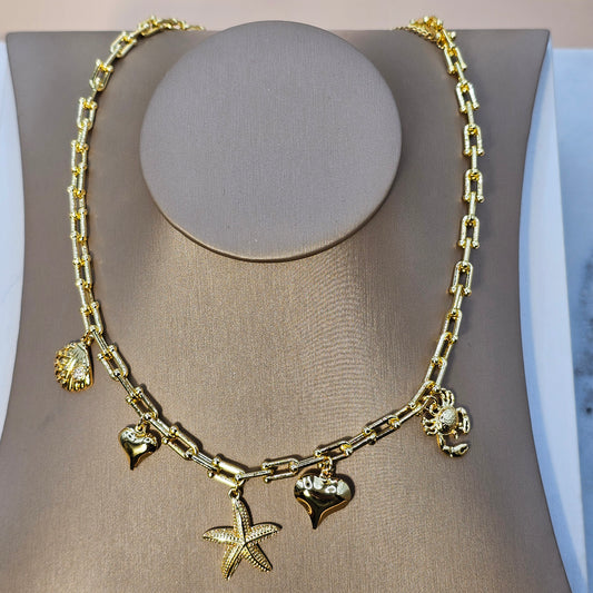 Collar Baño de Oro Charms Marino, Estrella y Corazon