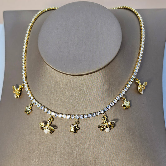 Collar Baño de Oro Cristal Austriaco Charms Luciernagas