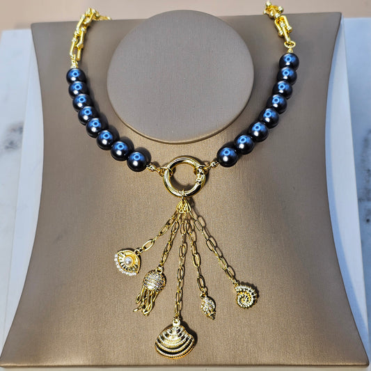 Collar Baño de Oro Perla Gris Destello Marino