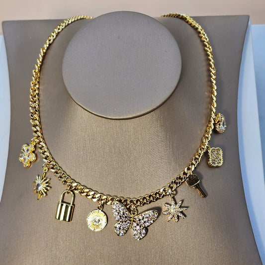Collar Baño de Oro Charms Mariposa Cristales Mix Marino
