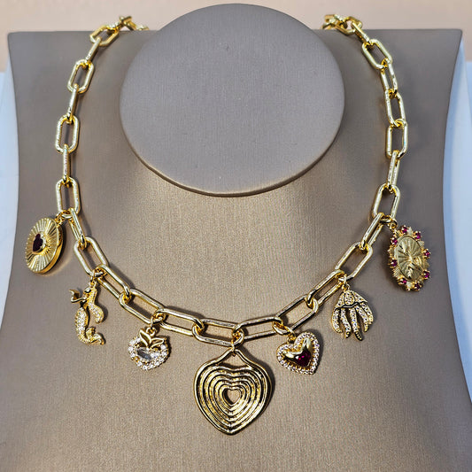 Collar Baño de Oro Charms Corazones Mundo Marino