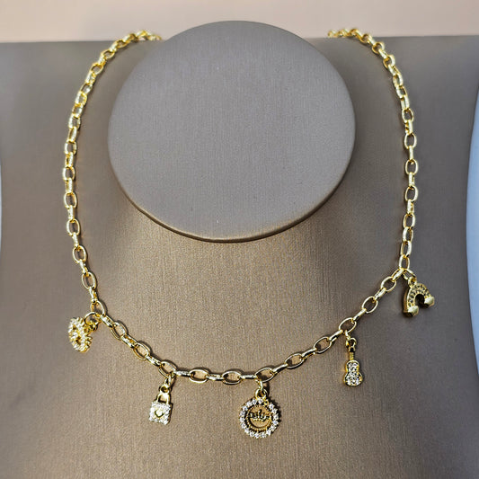 Collar Baño de Oro Cristal Austriaco Charms Luz y Fortuna
