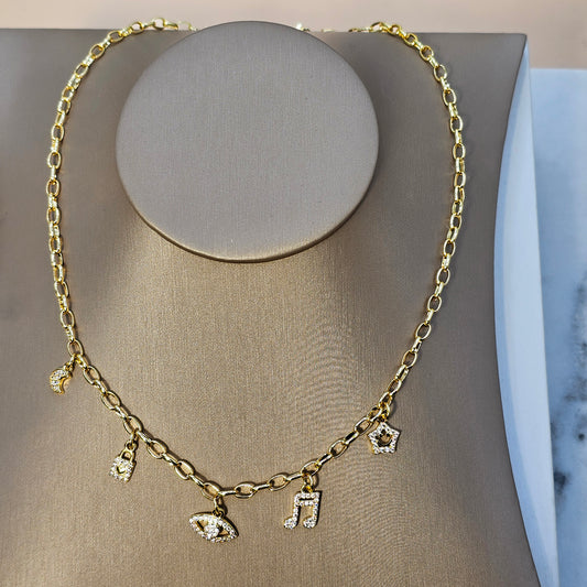 Collar Baño de Oro Cristal Austriaco Charms Proteccion Celestial