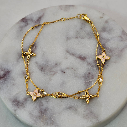 Pulsera Baño de Oro Cristal Austriaco Trebol Rosado Doble