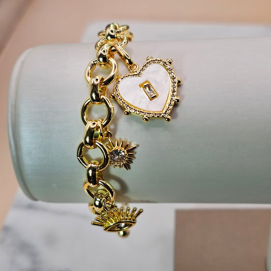 Pulsera Baño de Oro Cristal Austriaco Charms Corazon Nacar Estrella