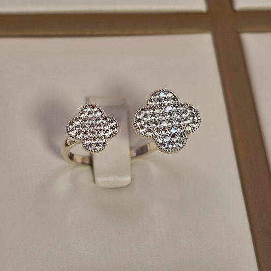 Anillo Baño de Plata Rodinada Cristal Austriaco Trebol Cuatro Hojas