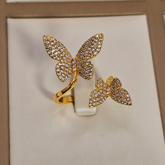 Anillo Baño de Oro Cristal Austriaco Doble Mariposa