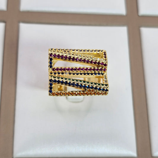 Anillo Baño de Oro Cristal Austriaco Cuadrado Multicolor