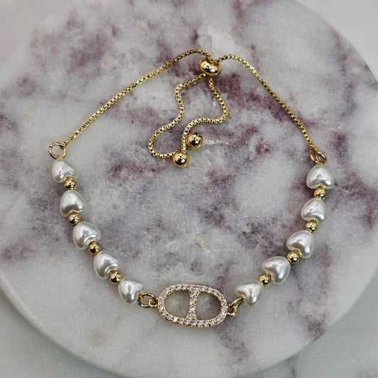 Pulsera Baño de Oro Sutil Cristal Austriaco Dije Perlas Corazon