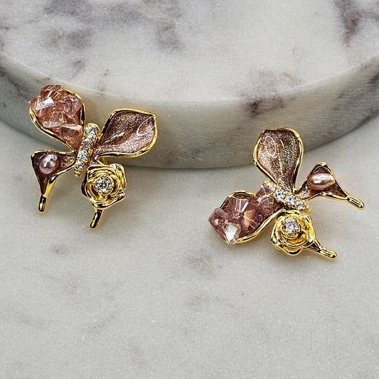 Aro Baño de Oro Cristal Austriaco Mariposa Nacar Rosado