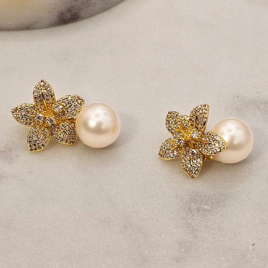 Aro Baño de Oro Cristal Austriaco Flor Puntas Perla