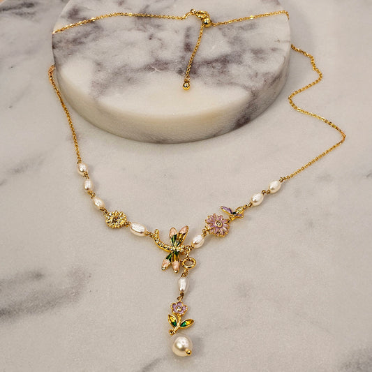 Collar Baño de Oro Cristal Austriaco Libelula Anacarada