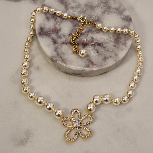 Collar Baño de Oro Cristal Austriaco Perlas Flor