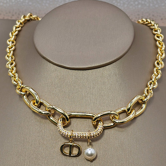 Collar Baño de Oro Cristal Austriaco Cadena Gruesa Perla