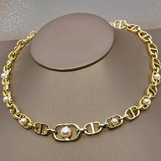 Collar Baño de Oro Cristal Austriaco Cadena Gruesa Perla