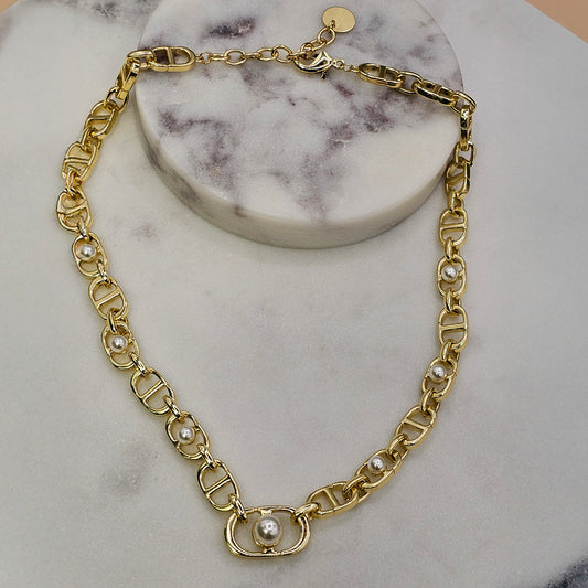 Collar Baño de Oro Cristal Austriaco Cadena Gruesa Perla