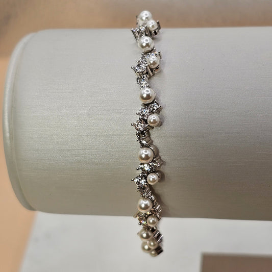 Pulsera Baño de Plata Rodinada Perlas Cristales