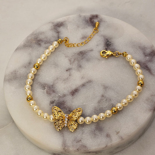 Pulsera Baño de Oro Perlas Mariposa