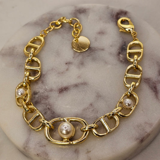Pulsera Baño de Oro  Cadena Gruesa Perlas
