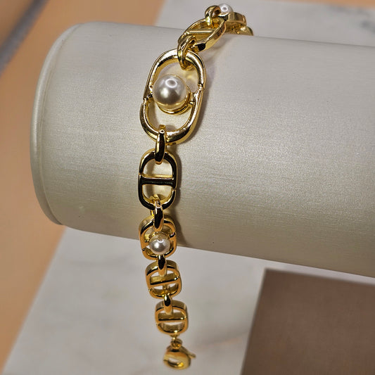 Pulsera Baño de Oro  Cadena Gruesa Perlas