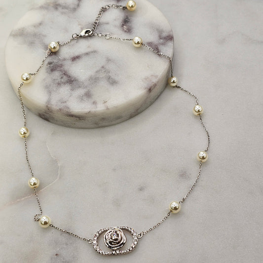 Collar Baño de Plata Rodinada Perlas