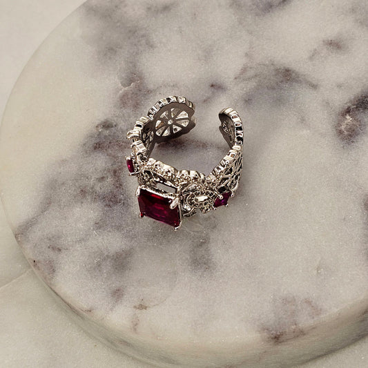 Anillo Baño de Plata Rodinada Cristal Austriaco Circon Rojo