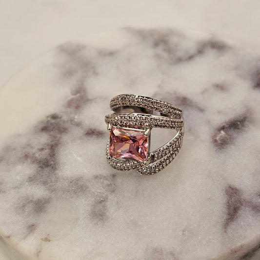 Anillo Baño de Plata Rodinada Cristal Austriaco Circon Rosado