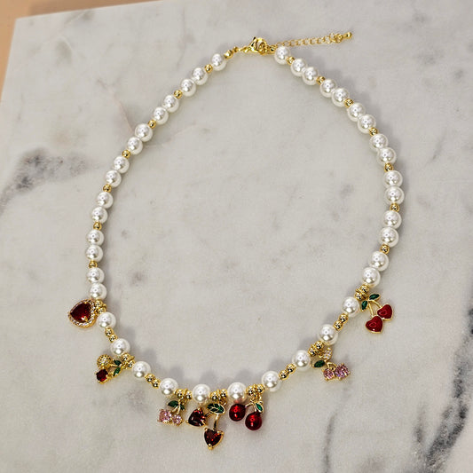 Collar Baño de Oro y Perlas Encanto de Cerezas
