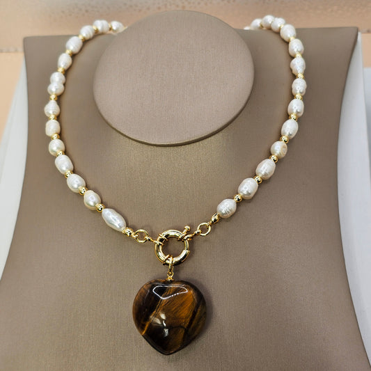 Collar Baño de Oro Perlas Corazon Ojo de Tigre