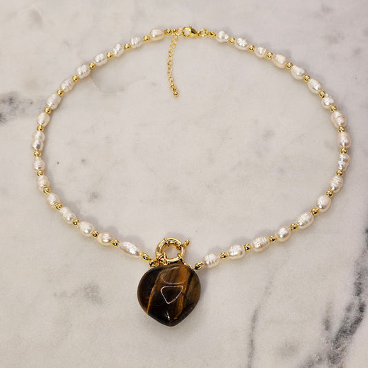 Collar Baño de Oro Perlas Corazon Ojo de Tigre