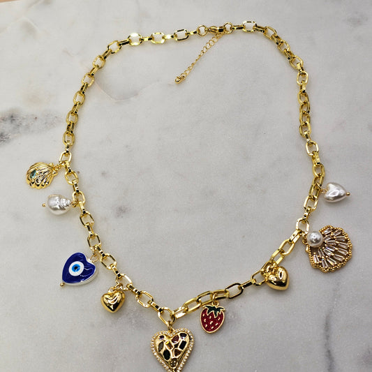 Collar Baño de Oro Charms Mix Corazon Cristales