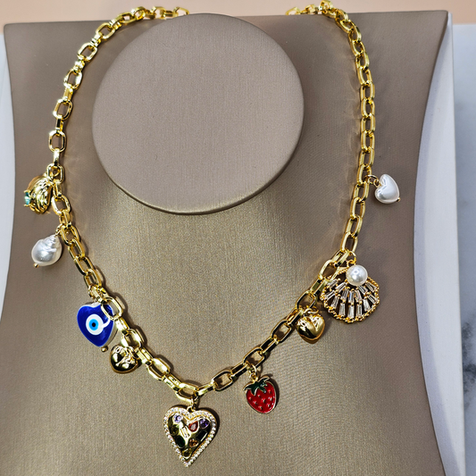 Collar Baño de Oro Charms Mix Corazon Cristales