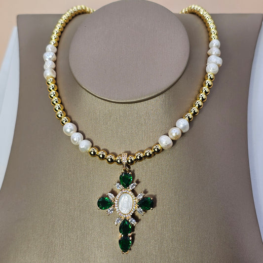 Collar Baño de Oro Perlas Colgante Cruz Cristales Verdes