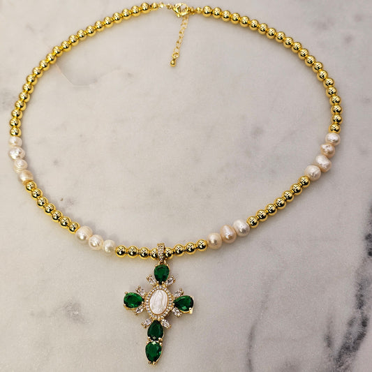 Collar Baño de Oro Perlas Colgante Cruz Cristales Verdes