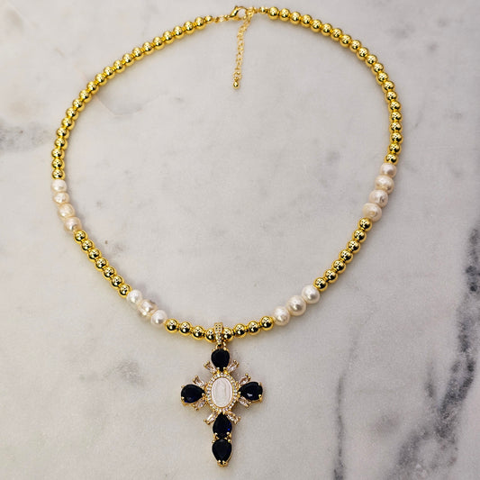 Collar Baño de Oro Perlas Colgante Cruz Cristales Azul