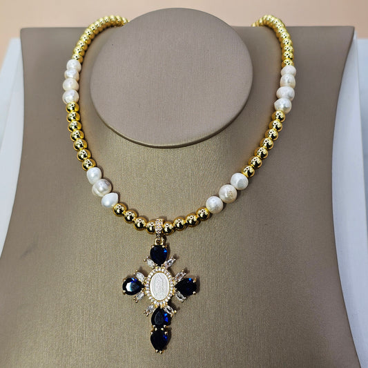 Collar Baño de Oro Perlas Colgante Cruz Cristales Azul